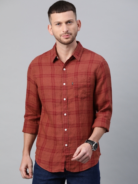

Levis Men Rust Red Regular Fit Checked Linen Casual Shirt With Sunset Pocket