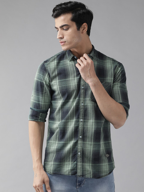

DENNISON Men Blue & Green Slim Fit Checked Casual Shirt