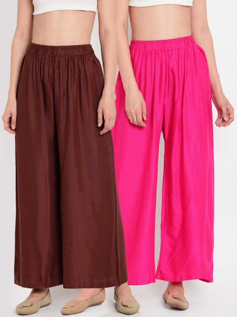 

TAG 7 Women Pack Of 2 Pink & Brown Solid Flared Palazzos