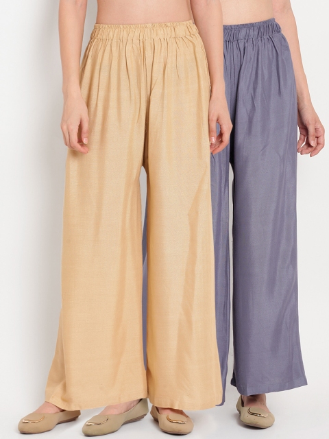 

TAG 7 Women Pack Of 2 Grey & Beige Solid Flared Palazzos