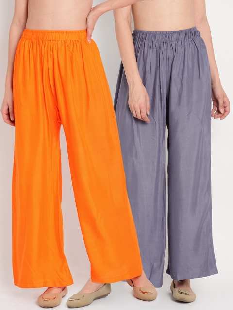 

TAG 7 Women Pack Of 2 Grey & Orange Solid Flared Palazzos
