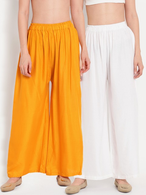 

TAG 7 Women Pack Of 2 White & Yellow Solid Flared Palazzos