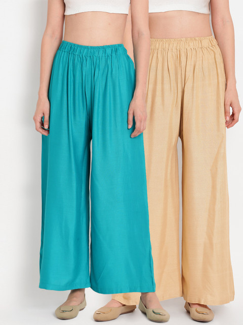 

TAG 7 Women Set of 2 Beige & Teal Blue Solid Flared Palazzos