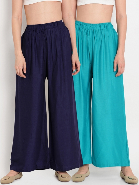 

TAG 7 Women Pack Of 2 Navy Blue & Teal Blue Solid Flared Palazzos