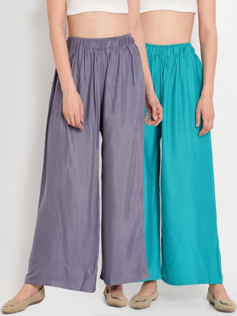 

TAG 7 Women Pack Of 2 Grey & Teal Blue Solid Flared Palazzos