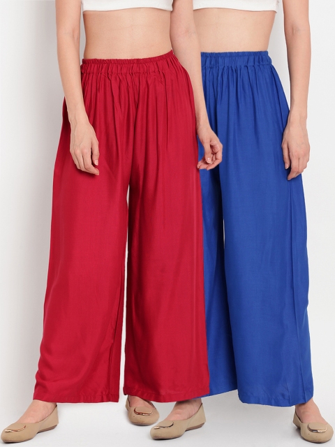

TAG 7 Women Pack Of 2 Blue & Maroon Solid Flared Palazzos