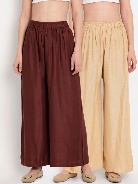 

TAG 7 Women Pack Of 2 Brown & Beige Solid Flared Palazzos
