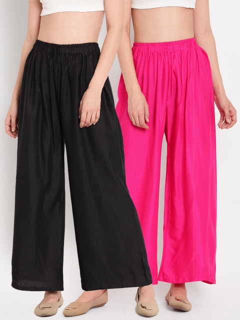 

TAG 7 Women Pack Of 2 Black & Pink Solid Flared Palazzos
