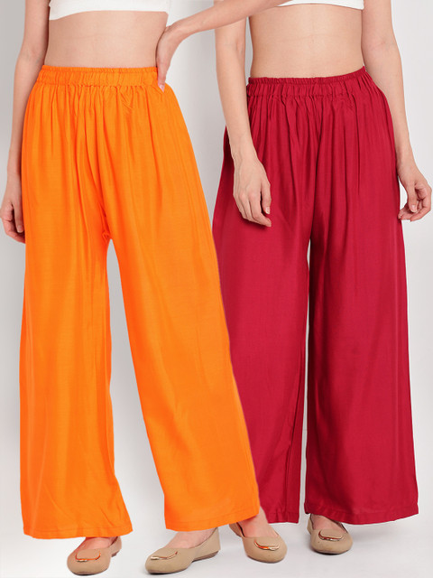 

TAG 7 Women Pack Of 2 Orange & Maroon Solid Flared Palazzos