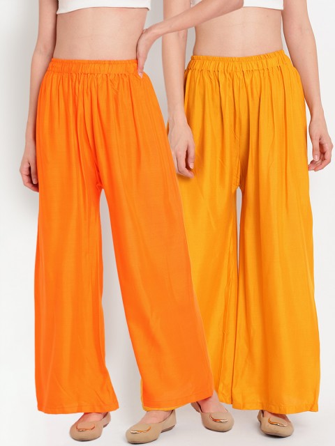 

TAG 7 Women Set of 2 Yellow & Orange Solid Flared Palazzos