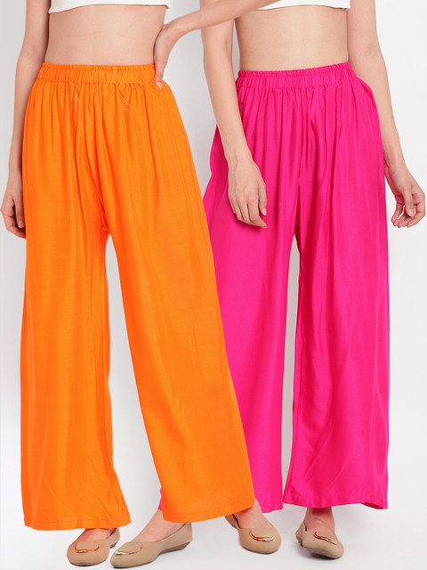 

TAG 7 Women Set of 2 Pink & Orange Solid Flared Palazzos
