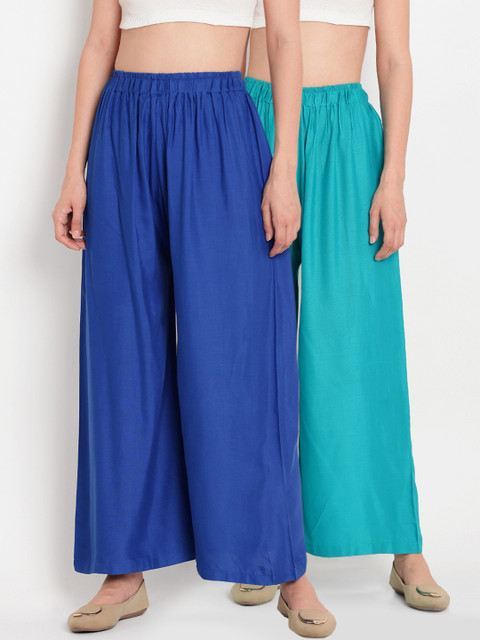 

TAG 7 Women Pack of 2 Solid Flared Palazzos, Blue