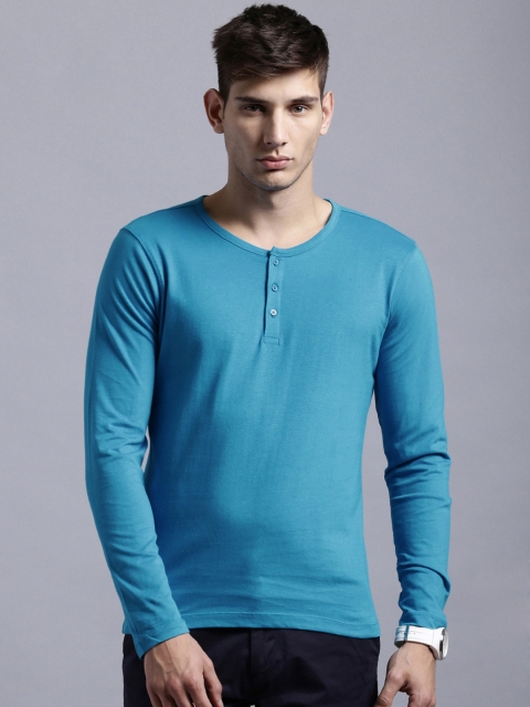 

ETHER Blue Henley Pure Cotton T-shirt