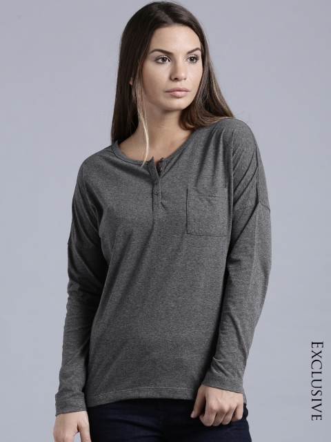 

ETHER Charcoal Grey Melange Henley T-shirt