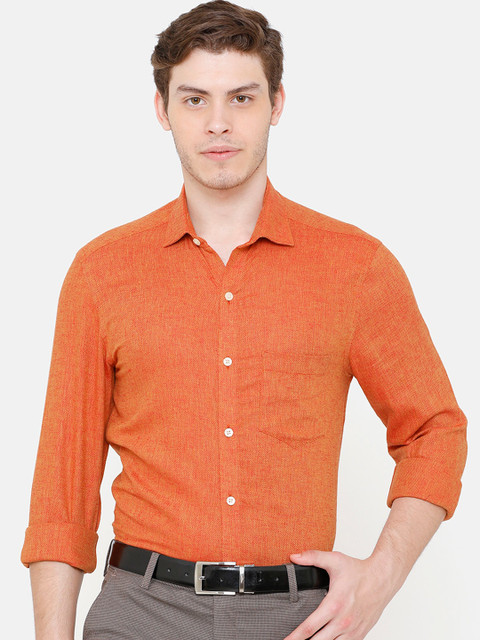 

CAVALLO by Linen Club Men Orange Regular Fit Solid Linen Formal Shirt