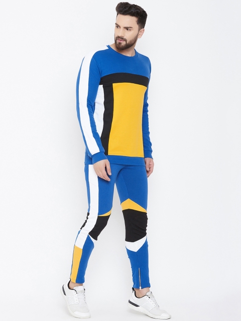 

FUGAZEE Men Blue & Yellow Colourblocked Slim-Fit Tracksuit