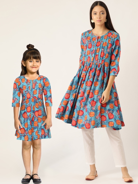 

Sangria Girls Blue & Orange Conversational Print Pleated A-Line Kurta
