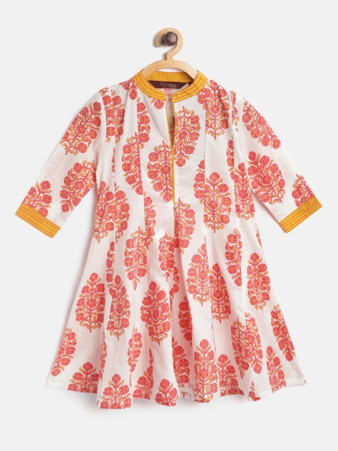

Sangria Girls White & Coral Pink Floral Print Panelled A-Line Kurta
