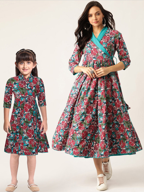 

Sangria Girls Red & Turquoise Blue Printed Angrakha Wrap Dress