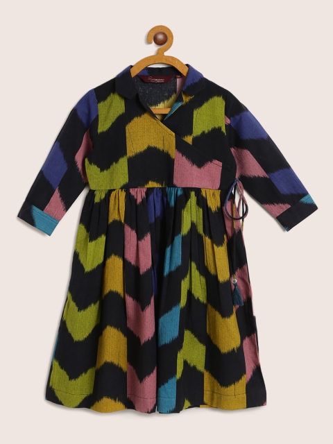 Girls Black & Olive Green Chevron Print Empire Dress