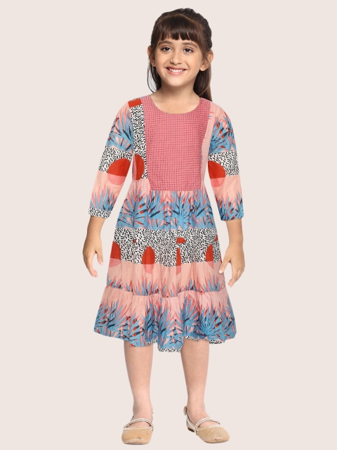 

Sangria Girls Peach-Coloured & Blue Printed Tiered A-Line Kurta