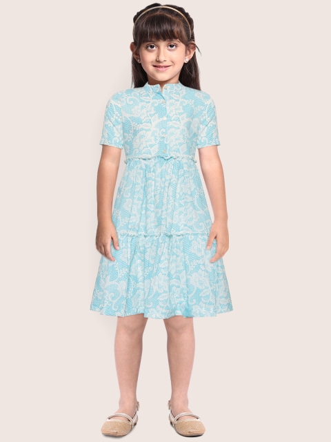 Girls Blue & White Ethnic Print Tiered A-Line Dress