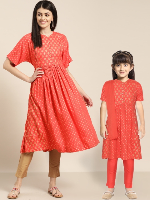 

Sangria Girls Coral Red & Golden Printed Kurta with Trousers & Dupatta