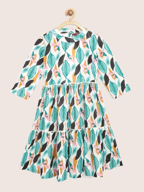 

Sangria Girls White & Green Leaf Print Tiered Cotton A-Line Dress