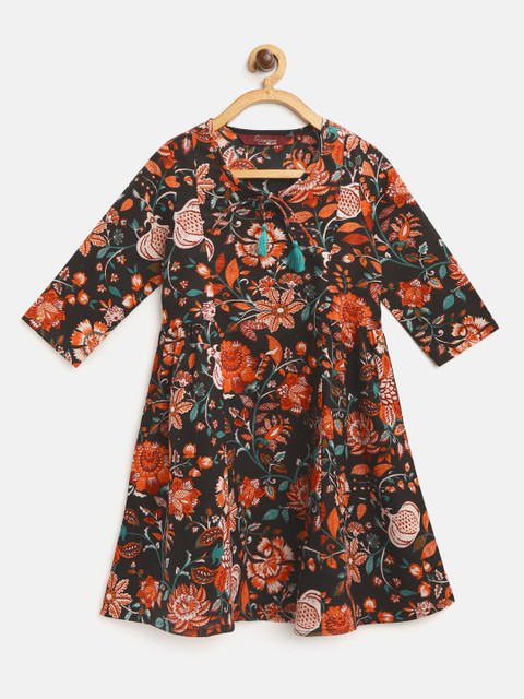

Sangria Girls Black & Orange Floral Printed A-Line Kurta