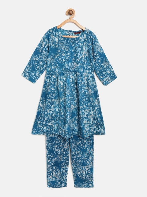 

Sangria Girls Teal Blue & Grey Printed Kurta with Trousers