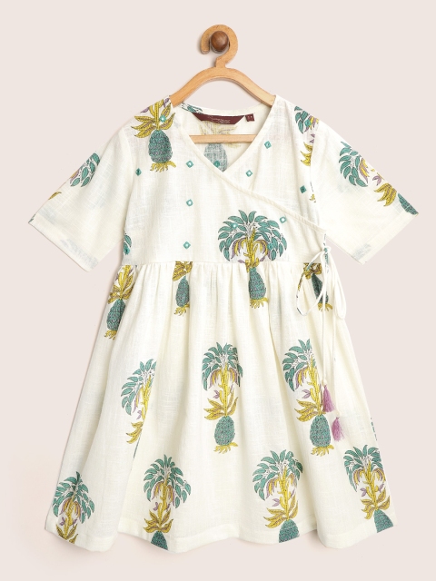 

Sangria Girls Off-White & Green Printed Angrakha A-Line Dress