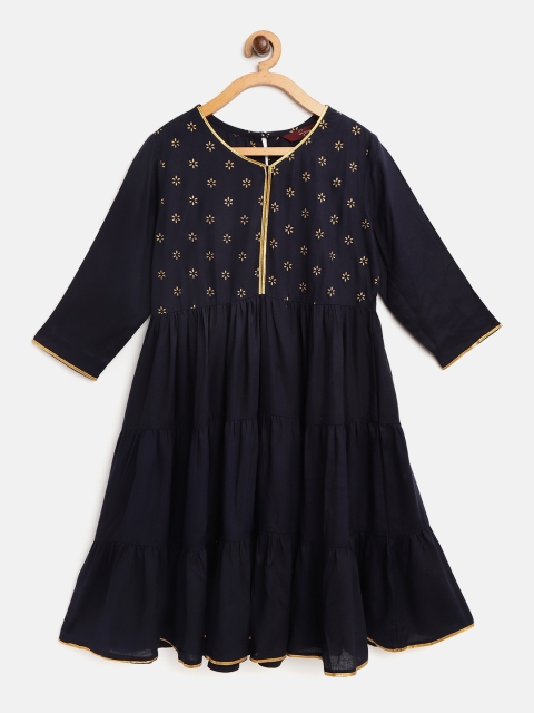 

Sangria Girls Navy Blue Tiered A-Line Kurta With Floral Printed Detail