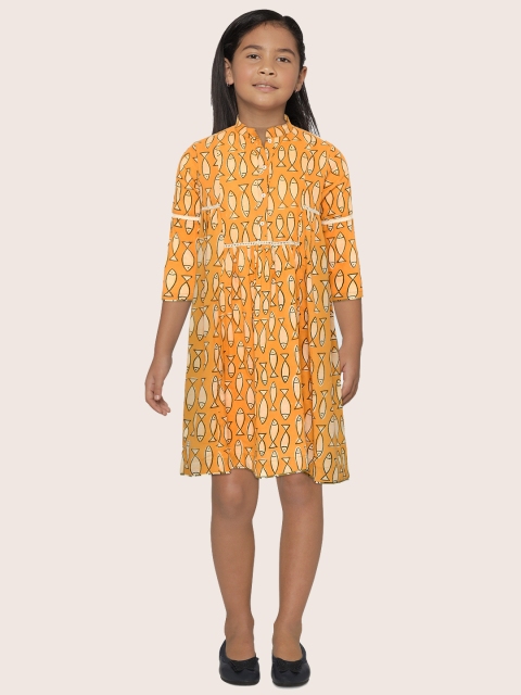 

Sangria Girls Mustard Yellow & Cream-Coloured Fish Print A-Line Dress