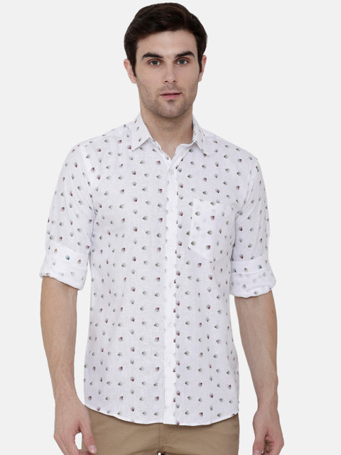 

CAVALLO by Linen Club Men Cotton Linen White Regular Fit Printed Sustainable Casual Shirt