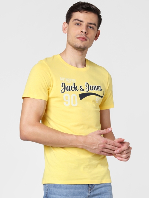 

Jack Jones Men Yellow Slim Fit Printed Round Neck Pure Cotton T-shirt