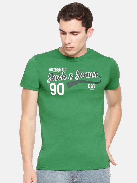 

Jack Jones Men Green Slim Fit Printed Round Neck Pure Cotton T-shirt