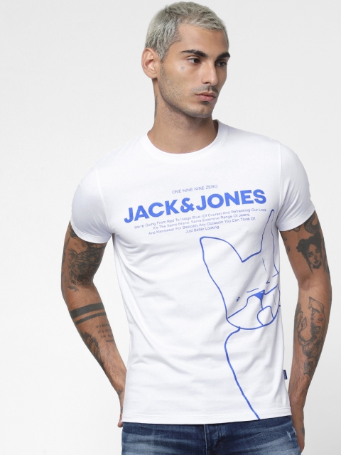 

Jack Jones Men White Slim Fit Printed Round Neck Pure Cotton T-shirt