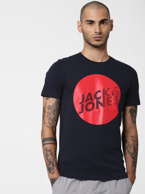 

Jack Jones Men Navy Blue Slim Fit Printed Round Neck Pure Cotton T-shirt