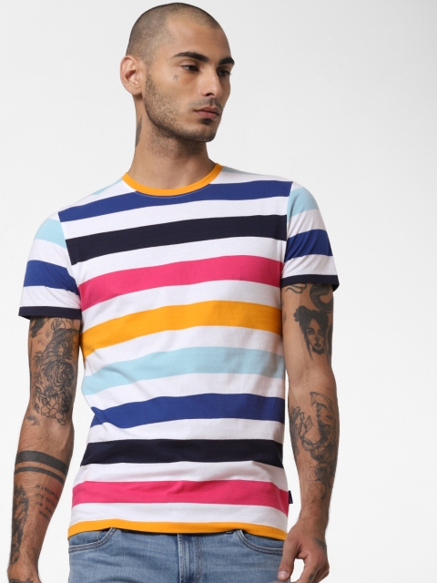 

Jack Jones Men Multi-Colour Striped Slim Fit Round Neck Pure Cotton T-shirt, White