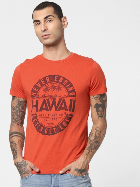 

Jack Jones Men Orange Slim Fit Printed Round Neck Pure Cotton T-shirt