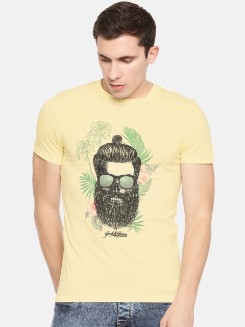

Jack Jones Men Yellow Slim Fit Printed Round Neck Pure Cotton T-shirt