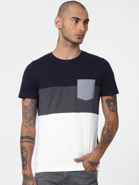 

Jack Jones Men Navy Blue White Colourblocked Round Neck Pure Cotton T-shirt