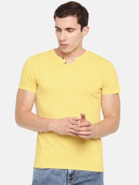 

Jack Jones Men Yellow Slim Fit Solid Henley Neck Pure Cotton T-shirt