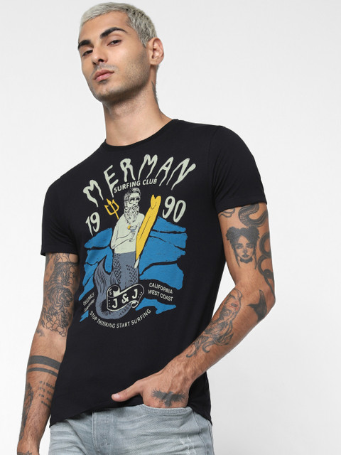 

Jack Jones Men Black Slim Fit Printed Round Neck Organic Cotton T-shirt
