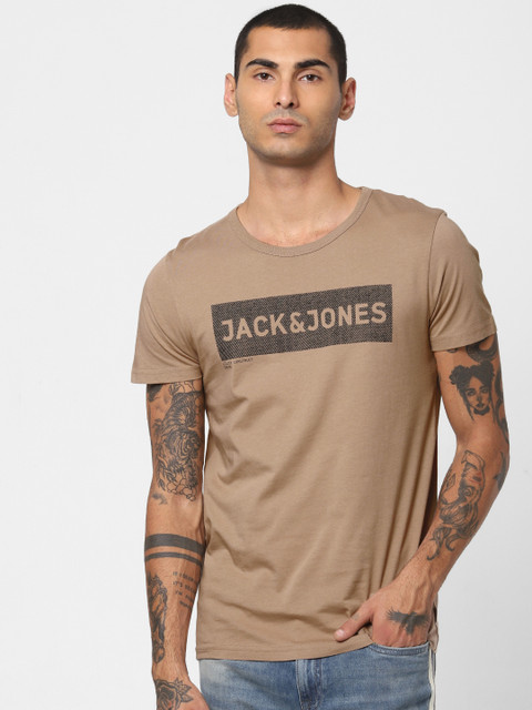 

Jack Jones Men Beige Printed Round Neck Pure Cotton T-shirt