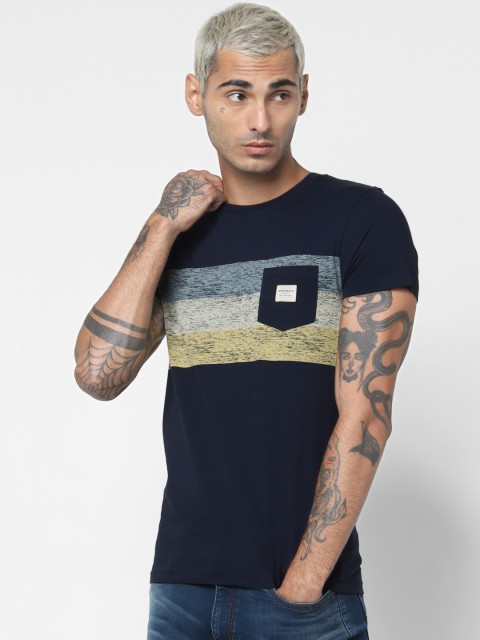 

Jack Jones Men Navy Blue Yellow Striped Slim Fit Round Neck Pure Cotton T-shirt