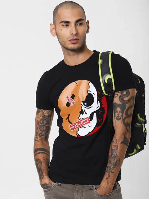 

Jack Jones Men Black Orange Slim Fit Printed Round Neck Pure Cotton T-shirt