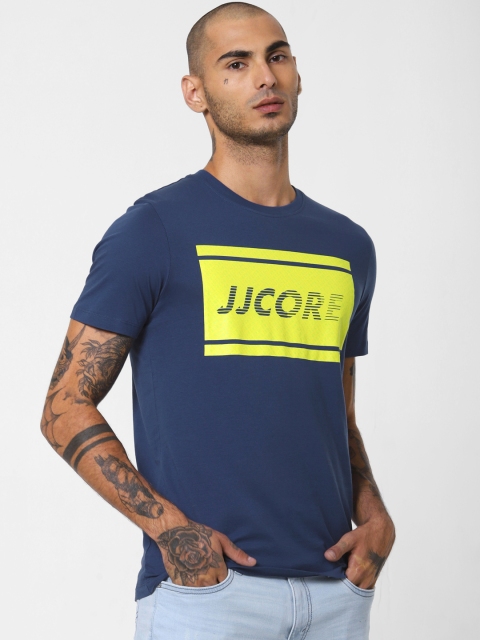 

Jack Jones Men Navy Blue Yellow Slim Fit Printed Round Neck Pure Cotton T-shirt