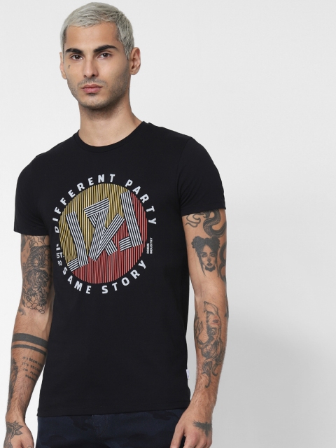 

Jack Jones Men Black Slim Fit Printed Round Neck Pure Cotton T-shirt