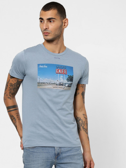 

Jack Jones Men Blue Printed Slim Fit Round Neck Pure Cotton T-shirt